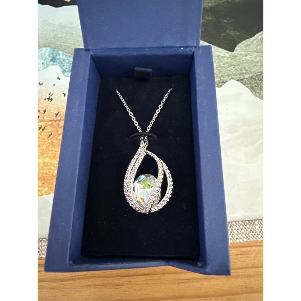 Swarovski Crystal Megan Pendant Necklace Silver Tone AB Iridescent Teardrop Box